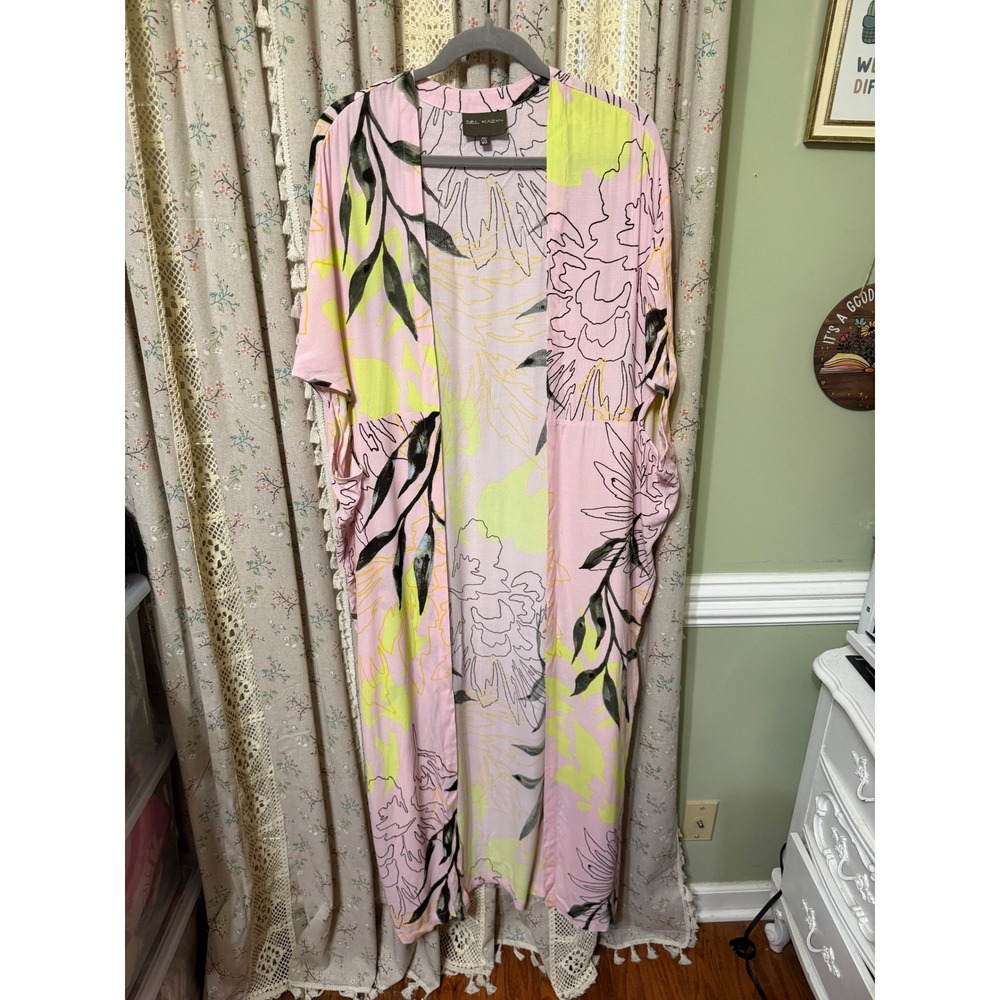 Anthropologie Bel Kazan Marielle Kimono OS Pink Floral Duster Maxi Cover Up
